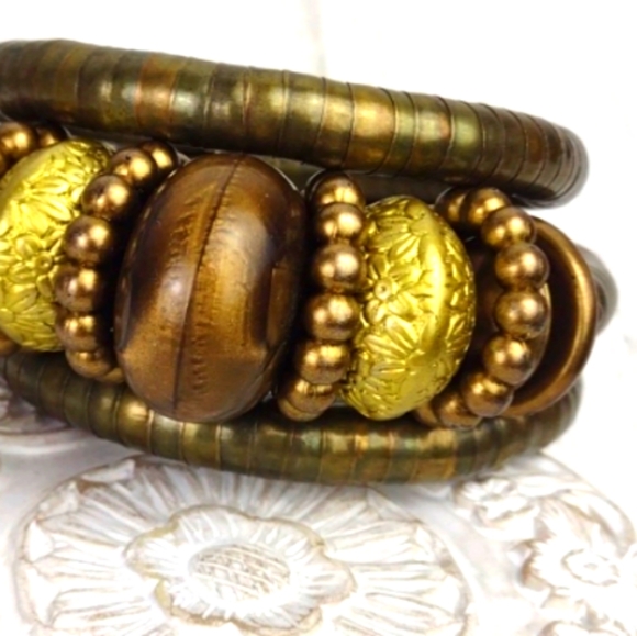 Brassy Boho Wood & Gold Tone-Bead Smooth Puka-Style Spiral Bangle Bracelet Combo - Picture 2 of 12